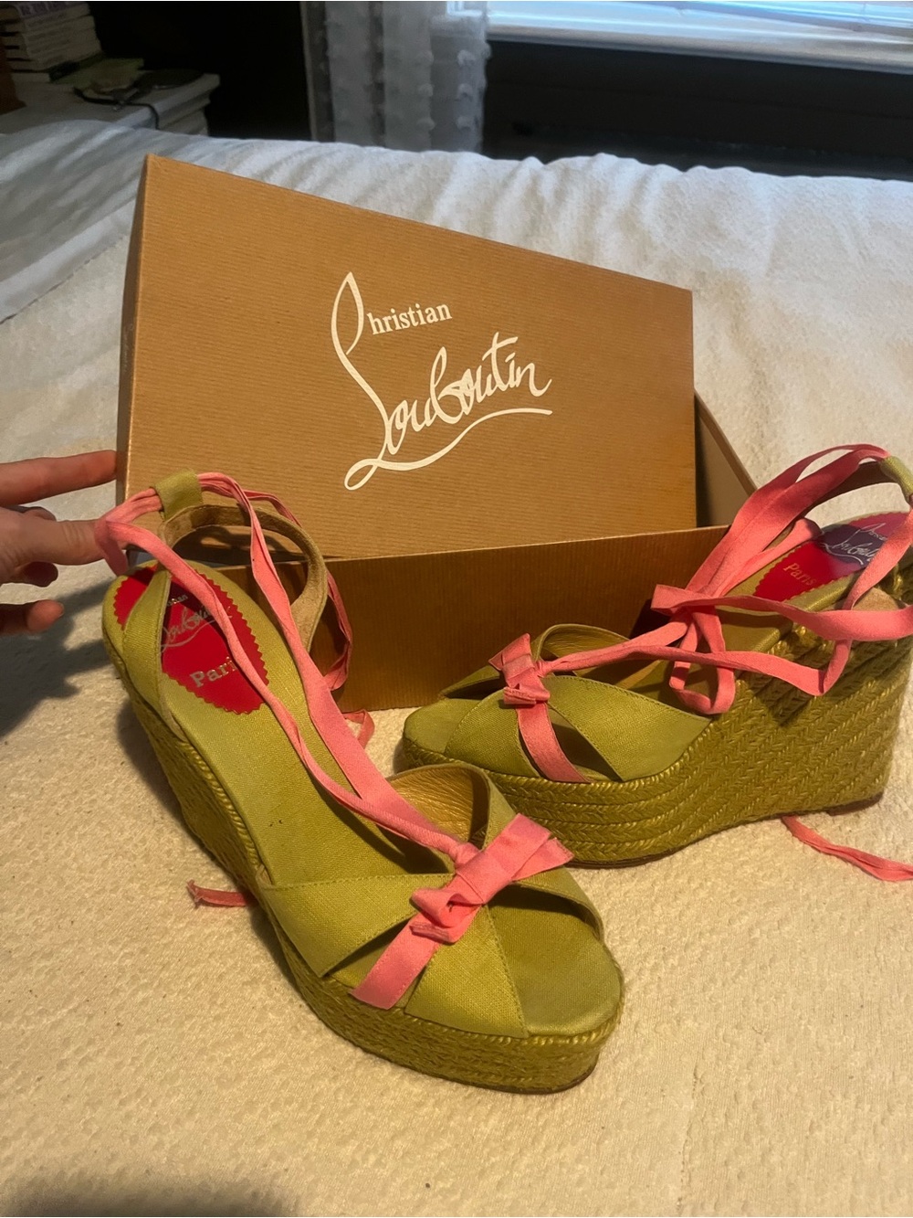 Christian Louboutin Olive Green Espadrille Wedges with Pink Ties